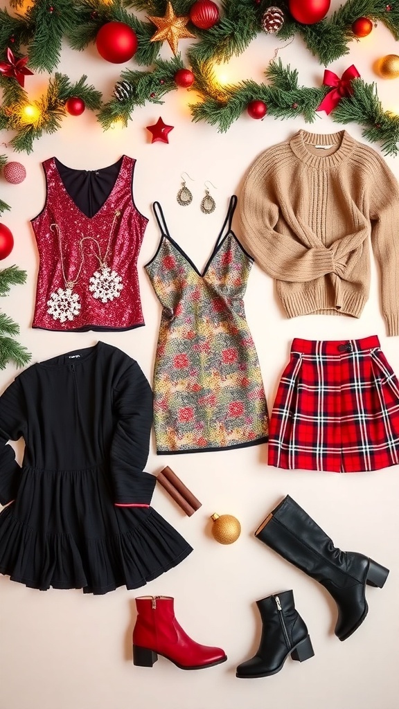 A flat lay of trendy Christmas party outfits including a mini dress, sweater, and accessories on a festive background.